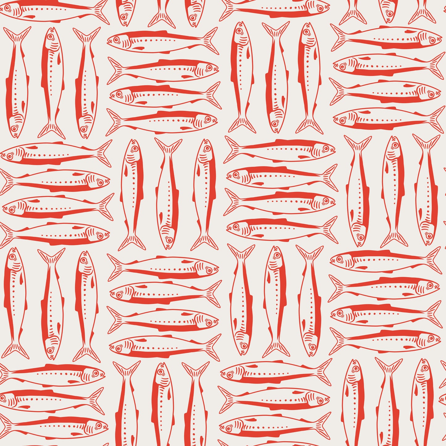 Pattern of red sardine illustrations on a white background.