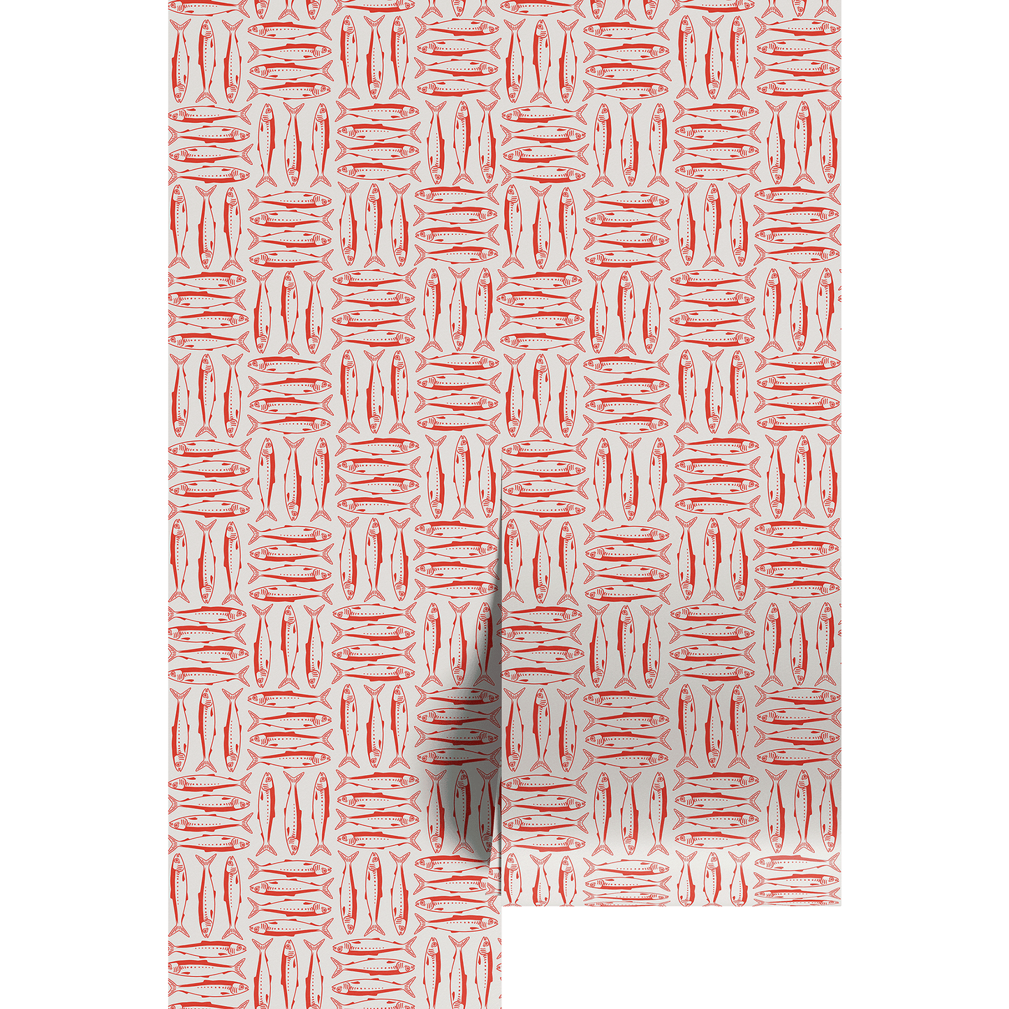 Red and white sardine patterned wallpaper on wallpaper panels.