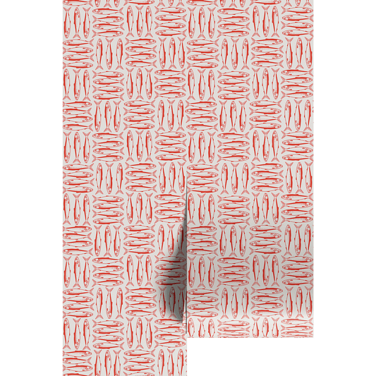 Red and white sardine patterned wallpaper on wallpaper panels.