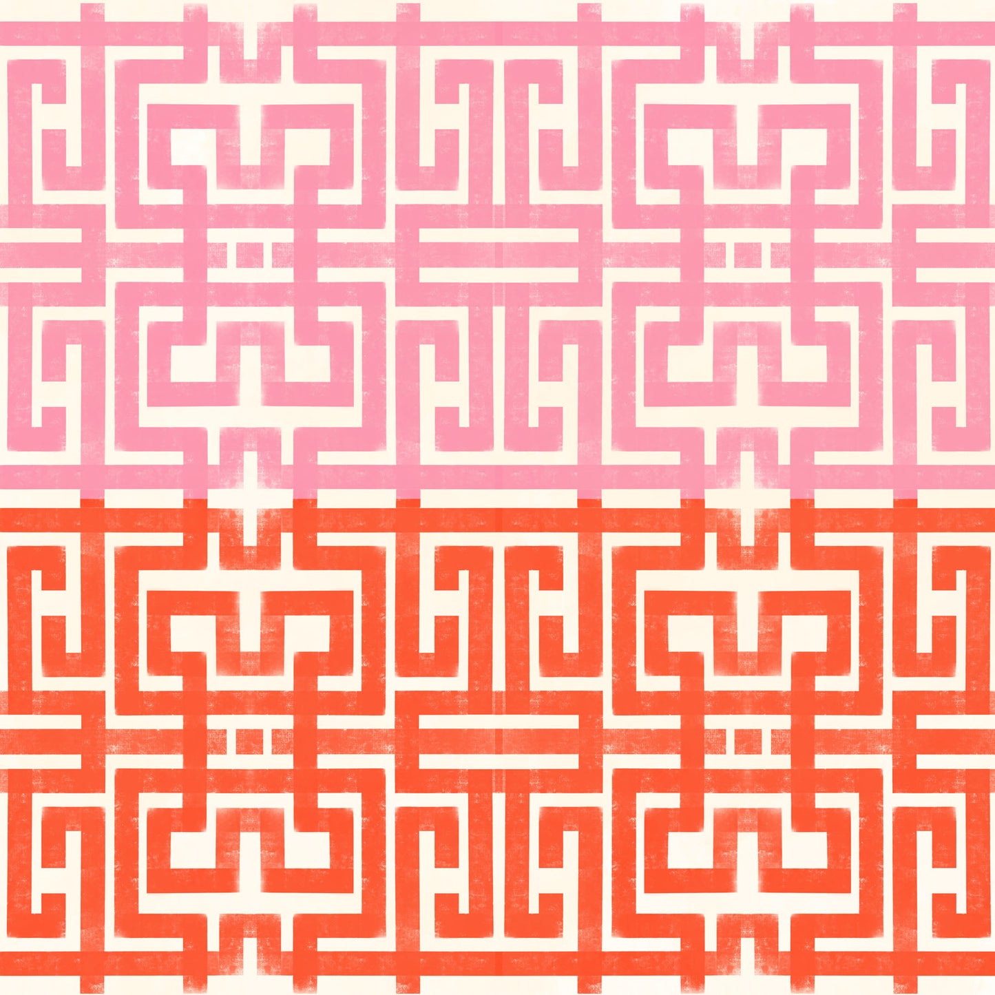 Geometric pattern with pink and red colors on an off white background.