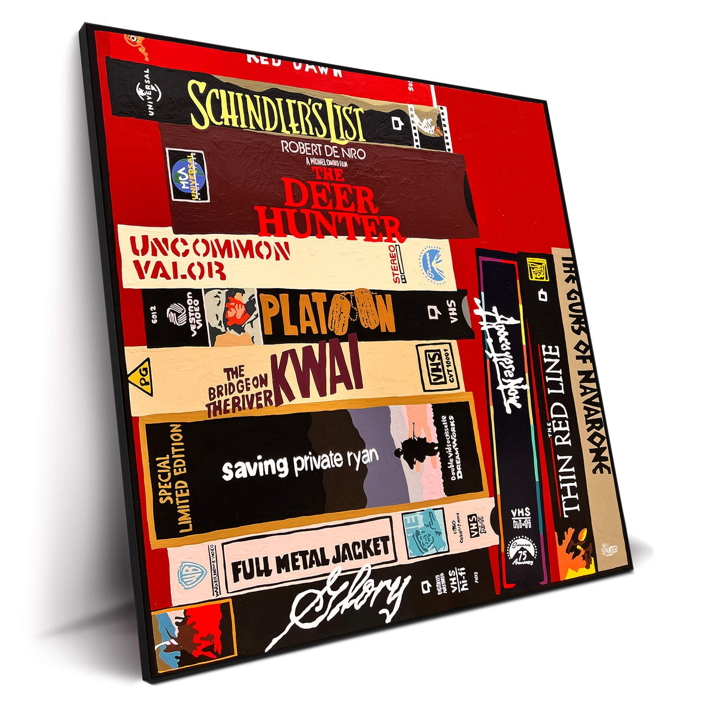 Artwork featuring classic action movie VHS covers, including "Schindler's List" and "Platoon."
