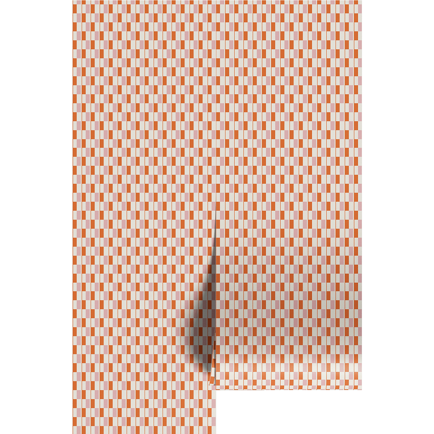 Orange and pink checkered, midcentury pattern on wallpaper panels.