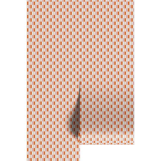 Orange and pink checkered, midcentury pattern on wallpaper panels.