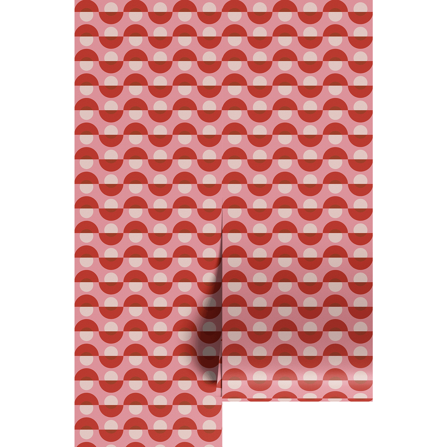 Red and white geometric patterned wallpaper on a pink background