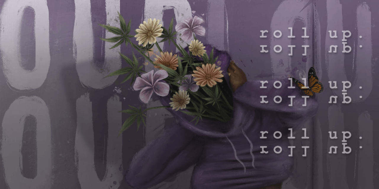 Oversized painting of Black man in gray hoodie and green blazer with wildflowers instead of a face hangs on brick wall in modern apartment living room