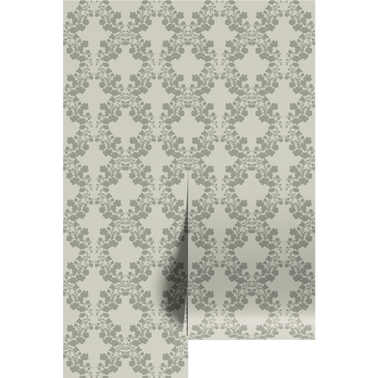 Timeless, sage floral pattern on wallpaper panels.