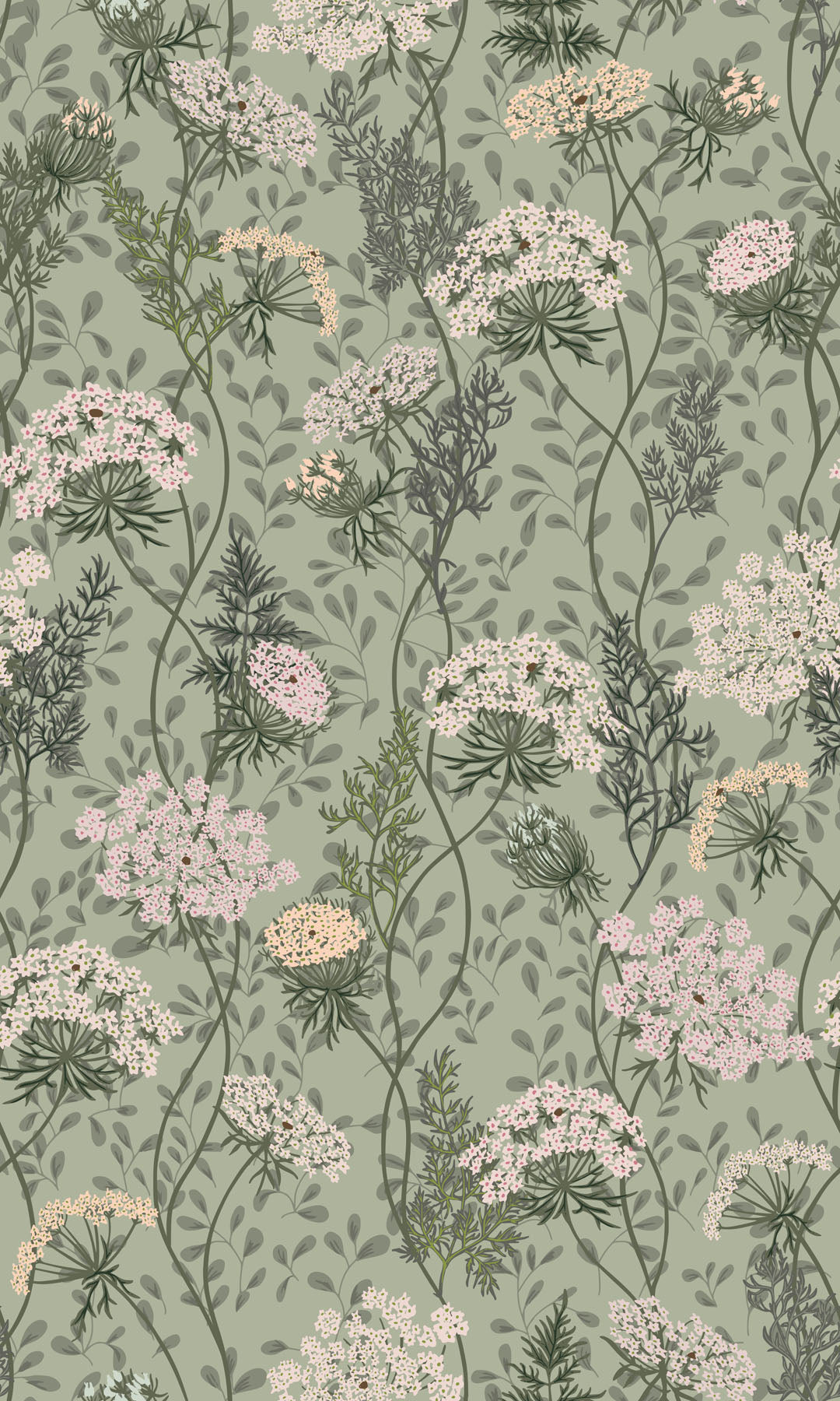 Floral pattern with pink and white flowers on a sage green background