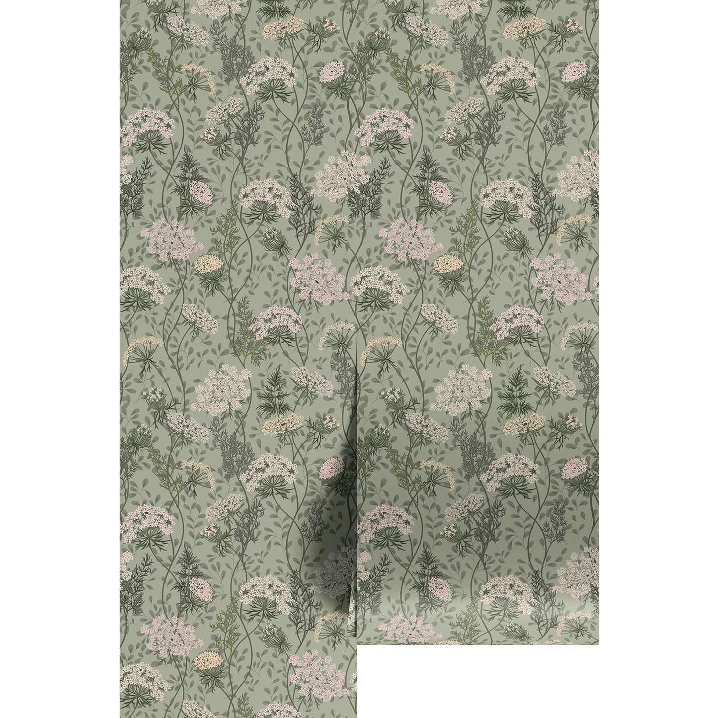 Floral patterned wallpaper swatch on a sage green background