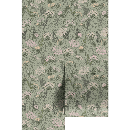 Floral patterned wallpaper swatch on a sage green background