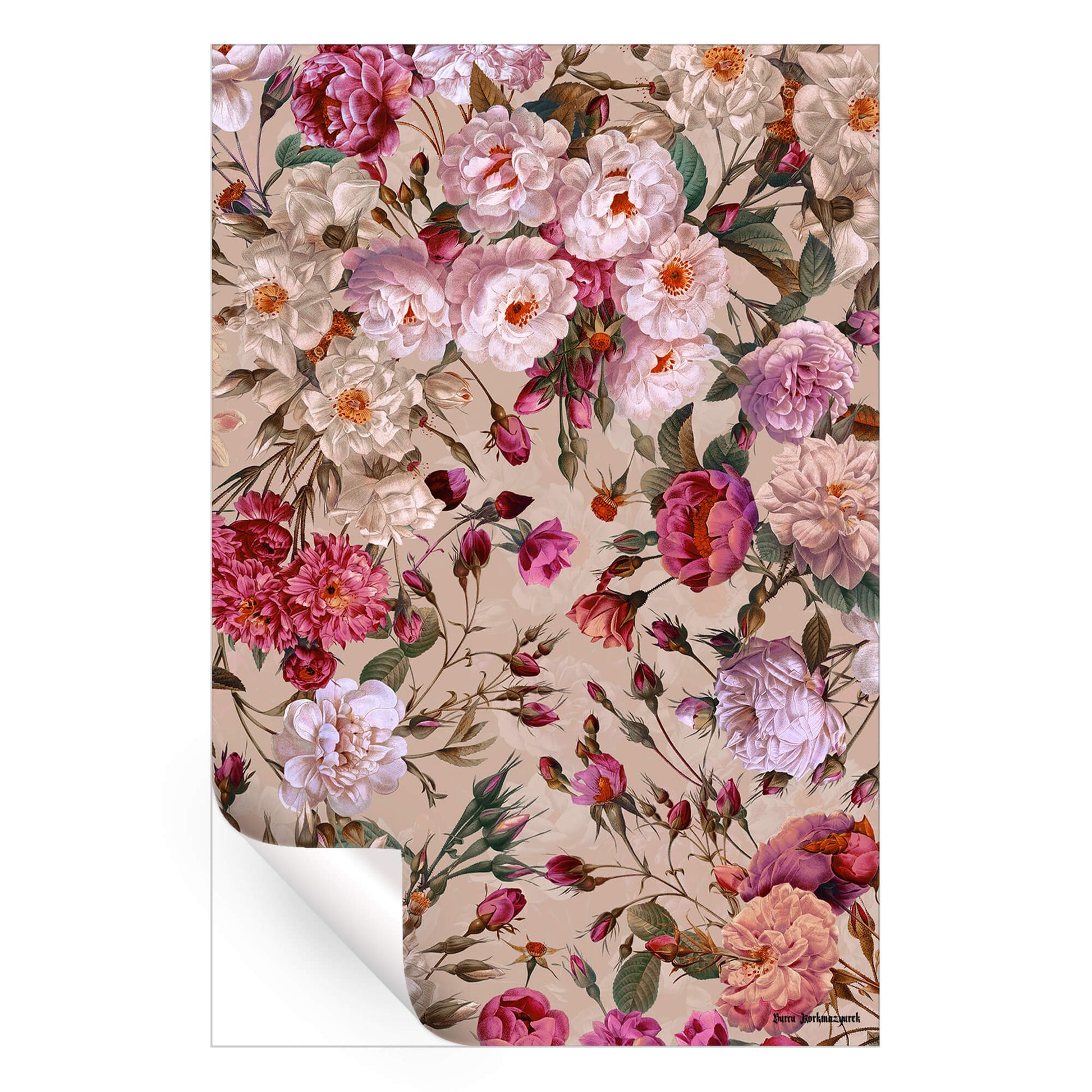 Vintage-inspired floral artwork featuring lush roses, delicate blossoms, and green foliage against a warm beige background.