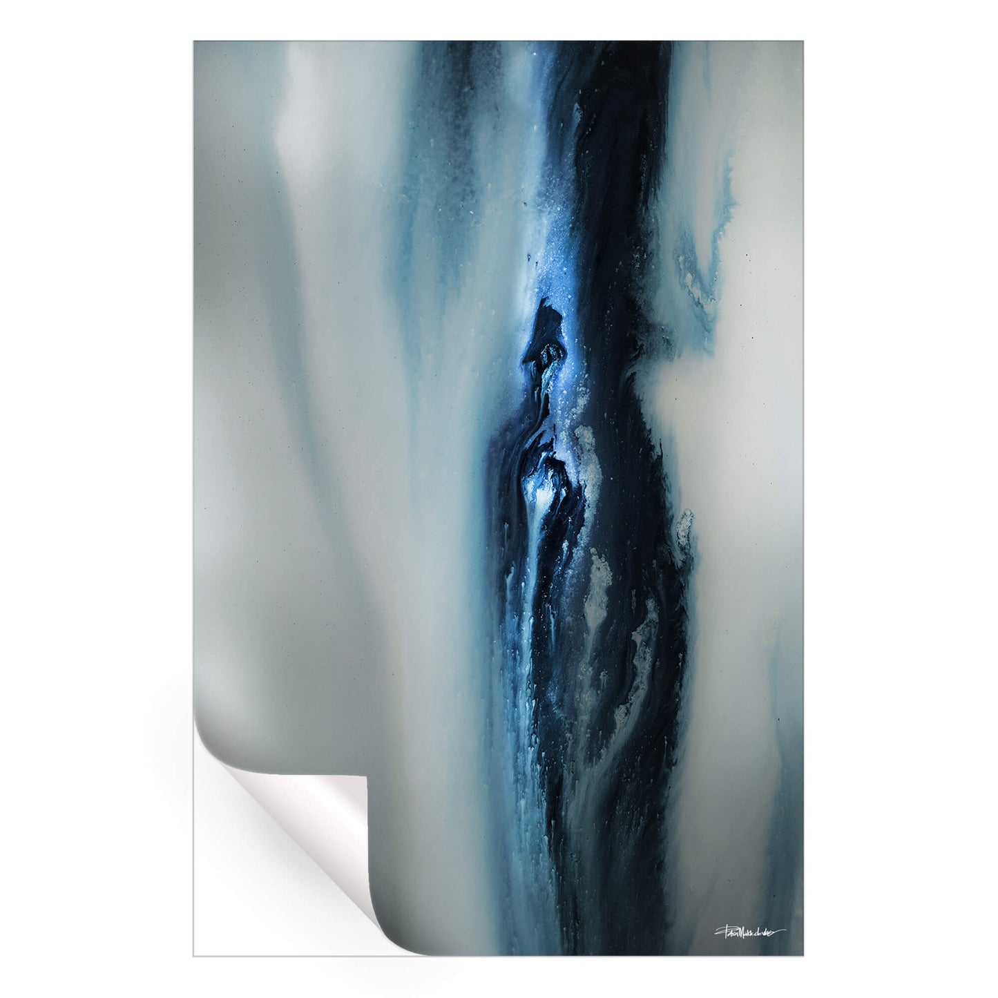 Abstract artwork featuring fluid black and blue tones blending into a soft, misty background.