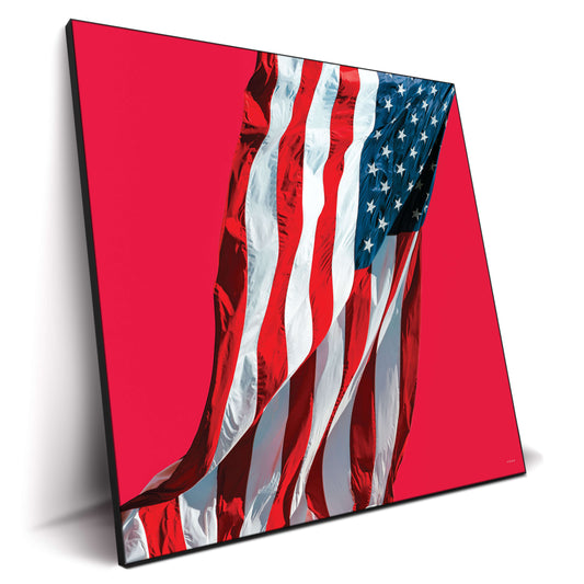 American flag displayed against a bold red background, creating a striking visual impact.