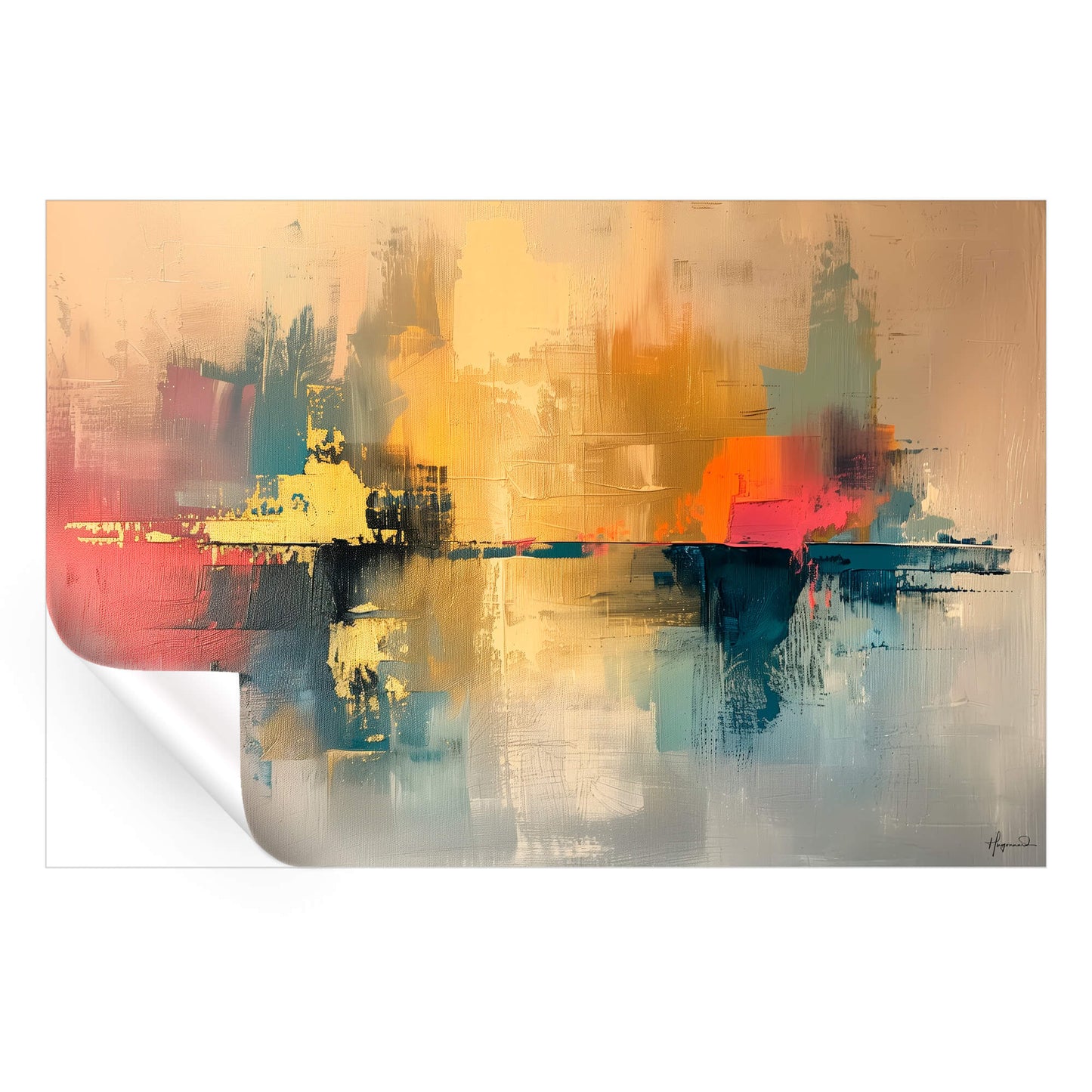 Abstract gold and orange tones blend into deep reds, blues, and teals, creating depth and balance.