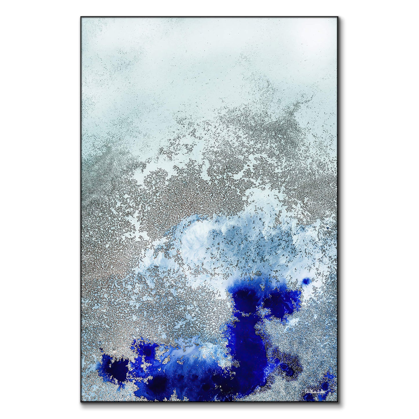Abstract artwork of flowing dark and light blue tones with gold accents resembling ocean waves.