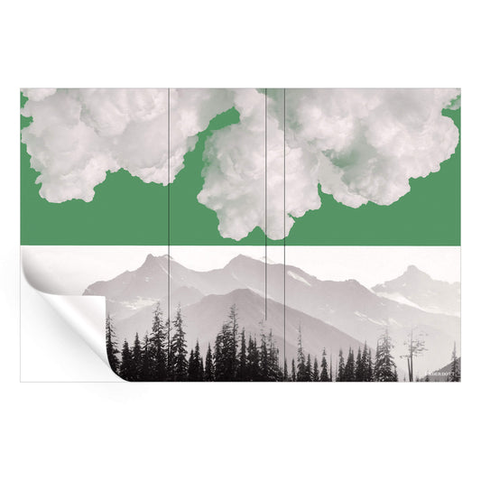 A surreal mountain landscape with a green-tinted sky, filled with striking clouds, evoking intensity and drama.