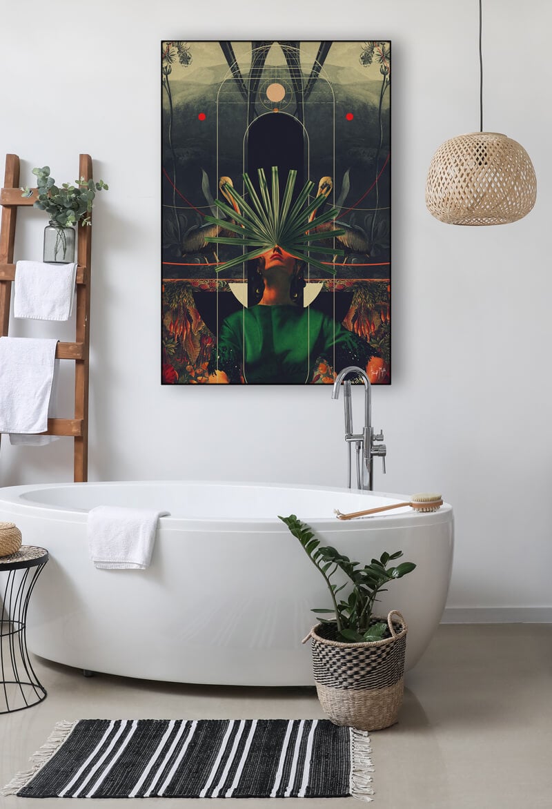 Large surreal bathroom wall art featuring a girl in green with palm fronds for a face hangs in modern white bathroom