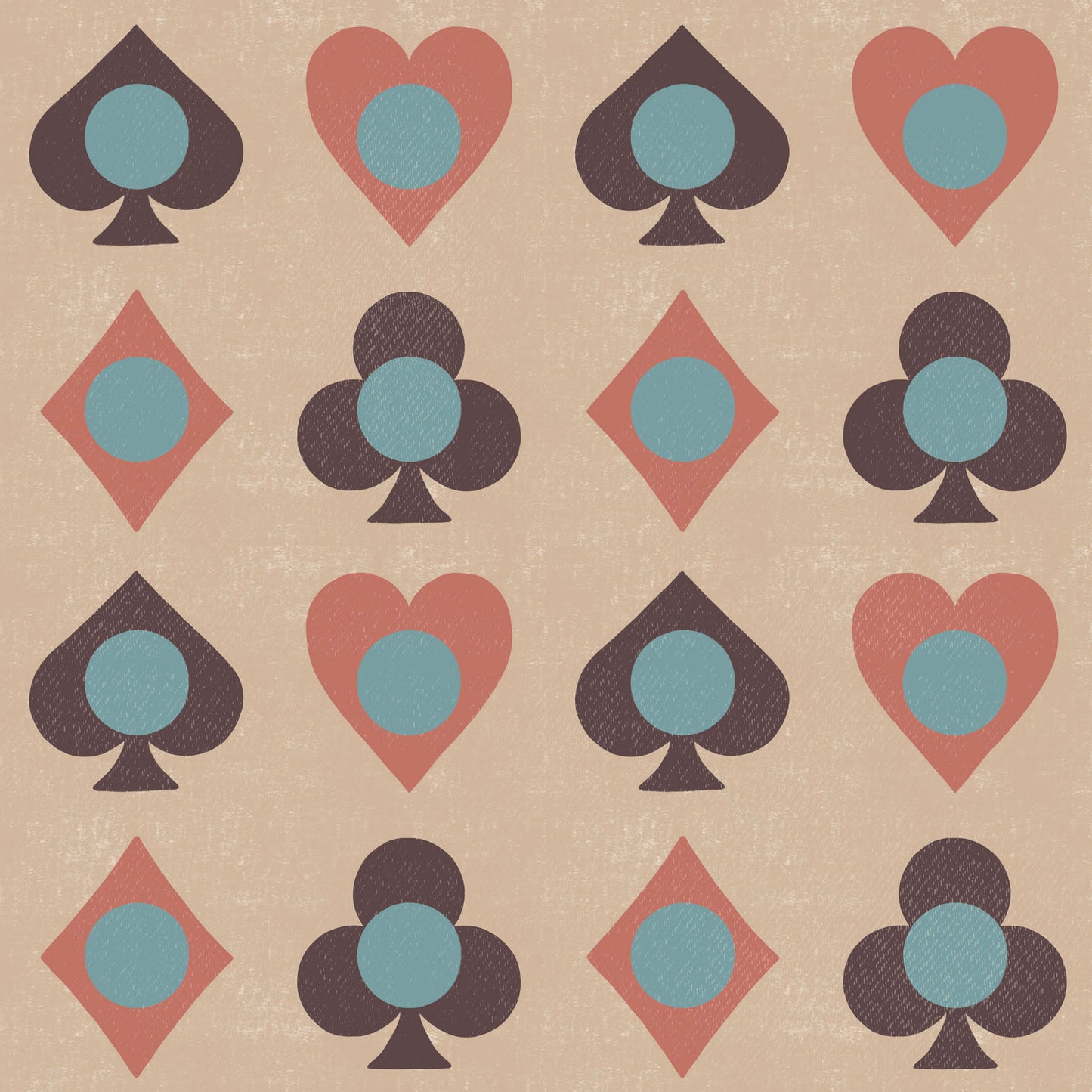 Pattern of playing card suits on a textured beige background