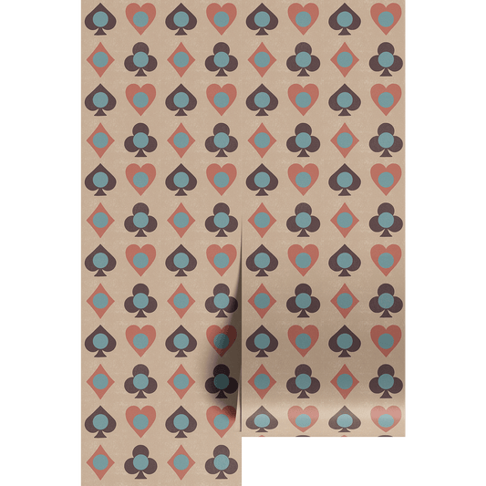 Patterned paper with playing card suits on wallpaper panels.