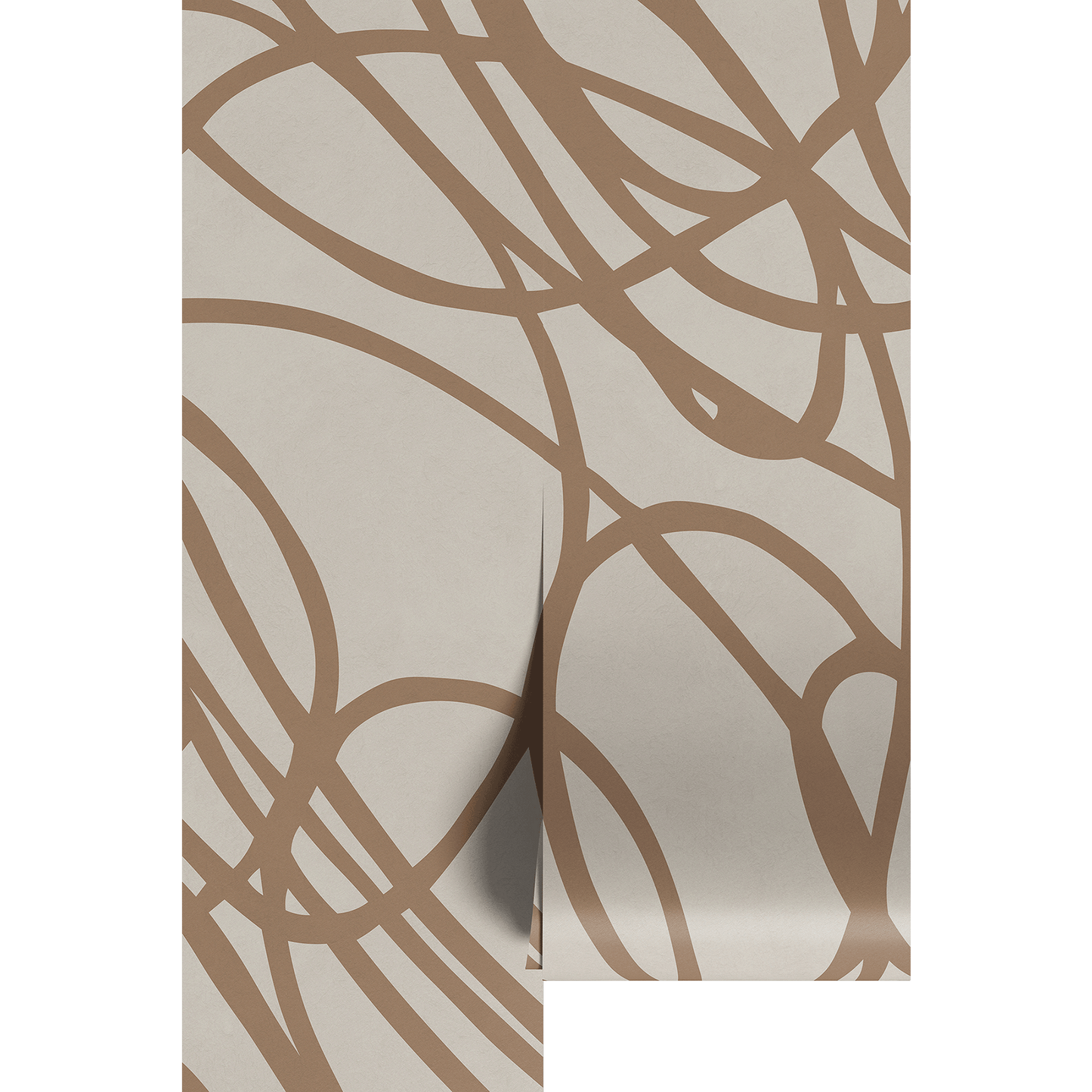 Abstract beige and brown scribbled wall mural on wallpaper panels.