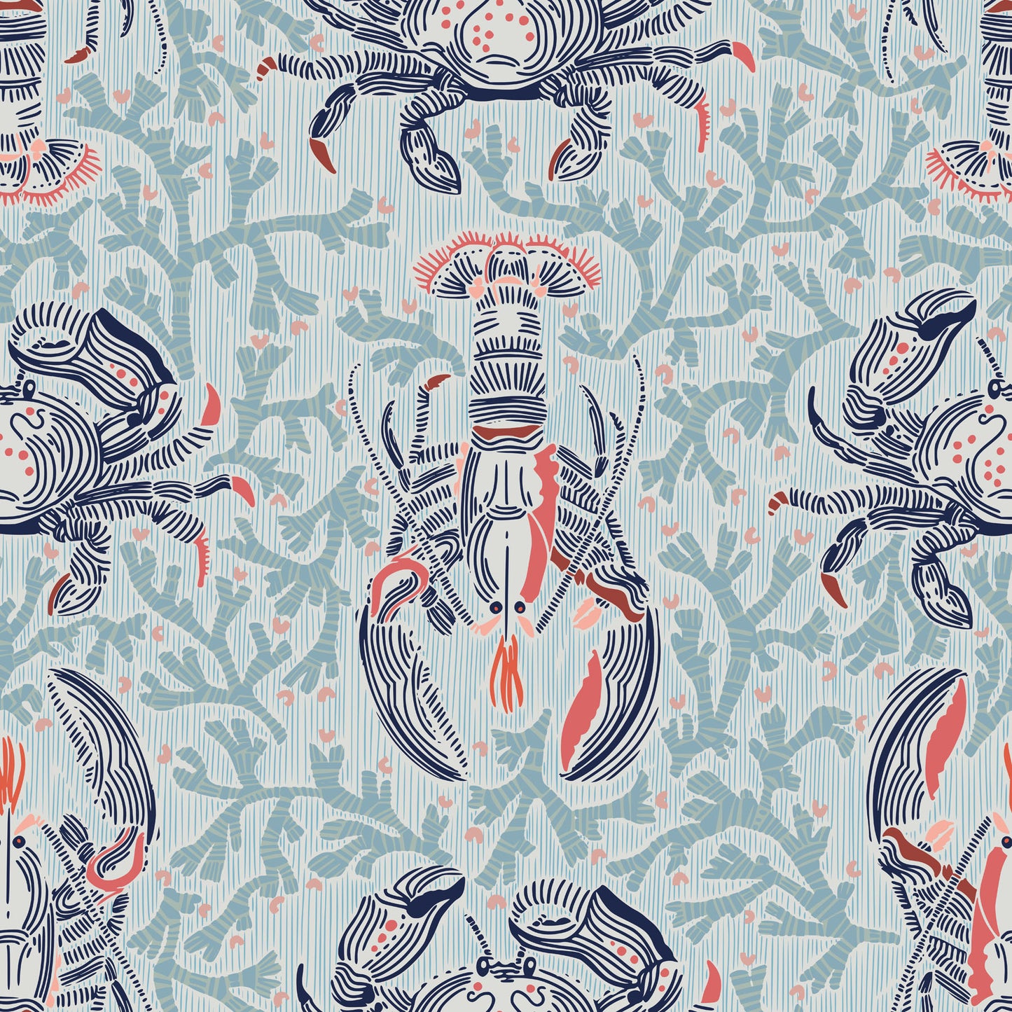 Stylized lobster and crab illustrated wallpaper design with teal coral in the background.