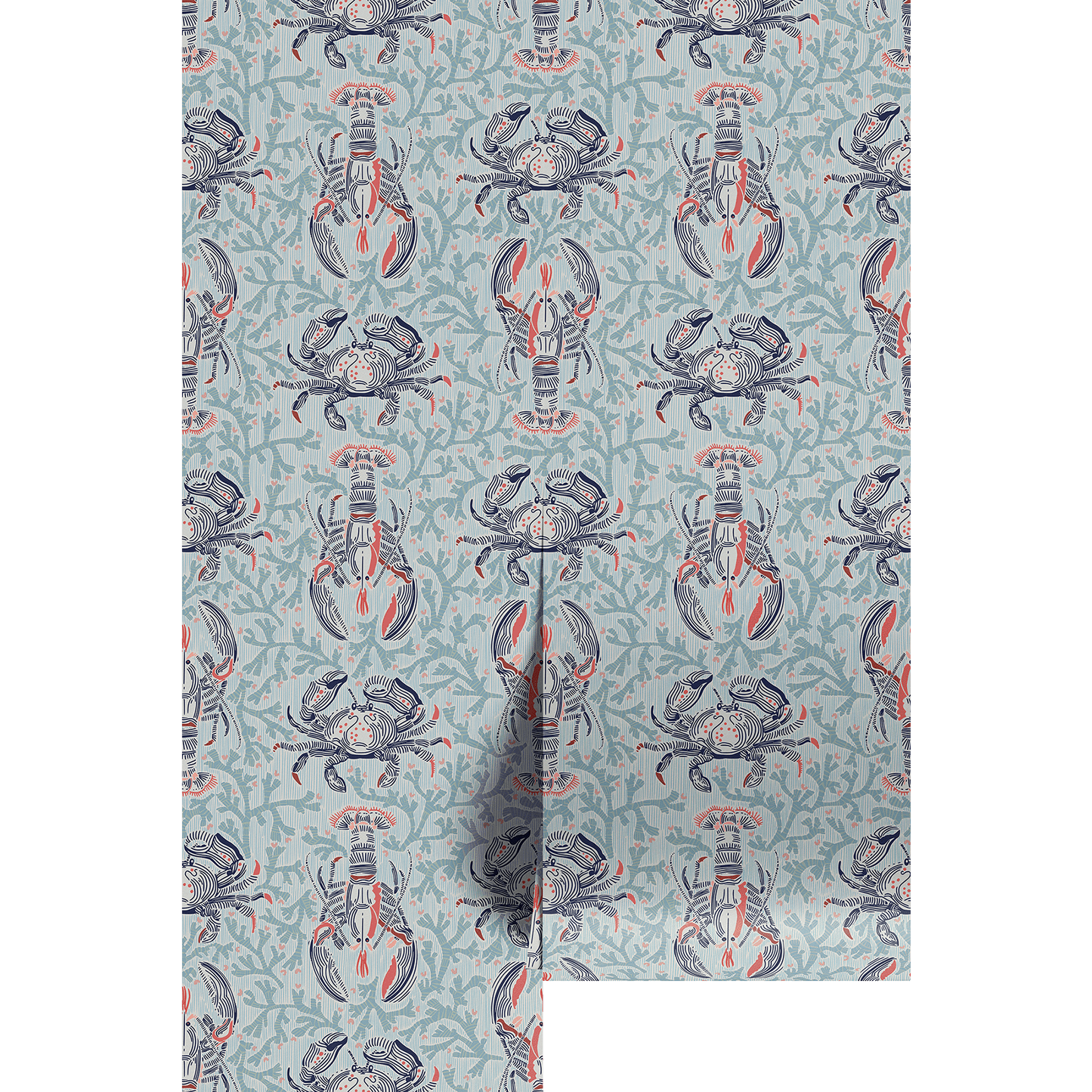 Patterned fabric with crabs and lobsters in dark blue and red over teal background