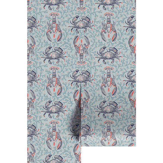Patterned fabric with crabs and lobsters in dark blue and red over teal background