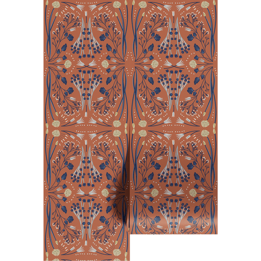 Patterned terracotta floral design on wallpaper panels.