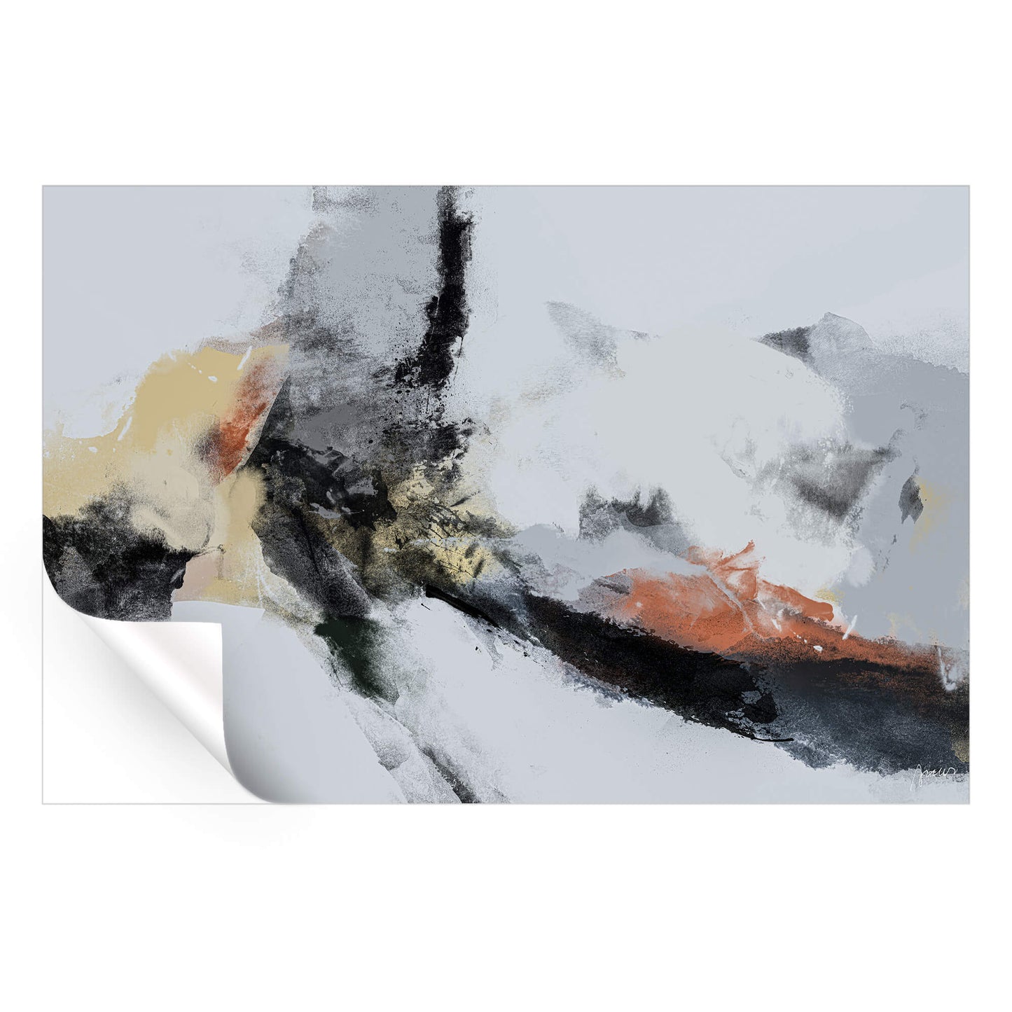 Abstract painting with textured red, yellow, white, and black tones, creating a bold and impactful composition.