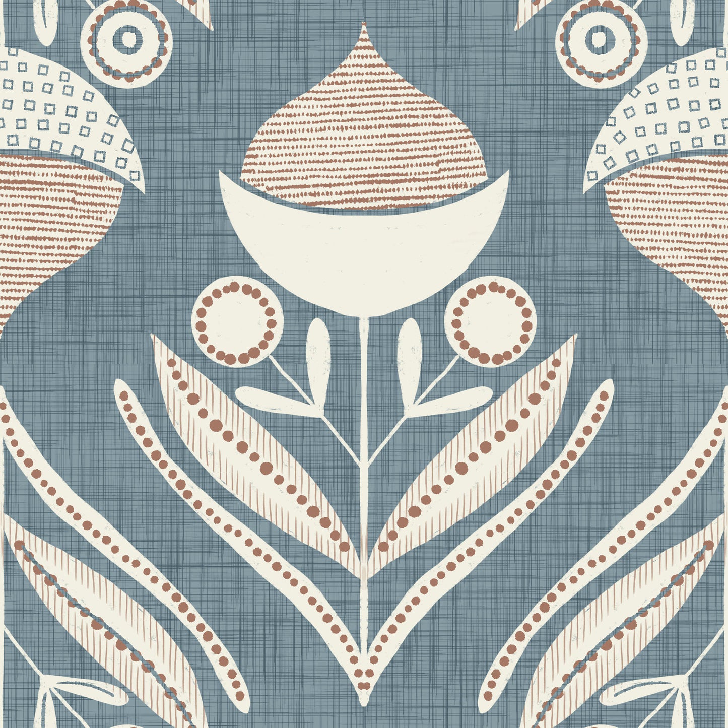 Decorative pattern with stylized acorns on a blue textured background.