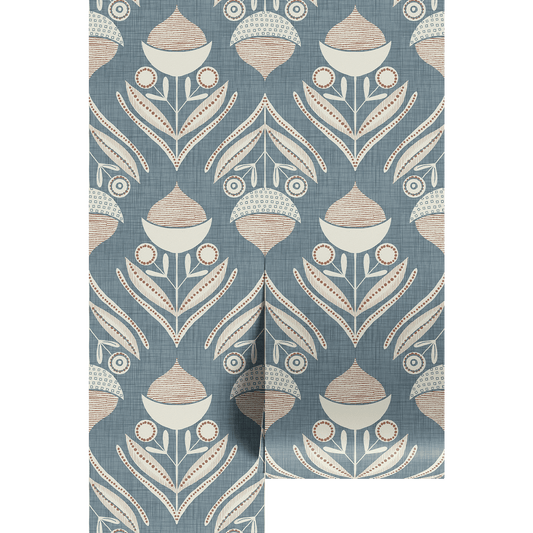 Wallpaper with acorn and leaf pattern on a textured blue background.