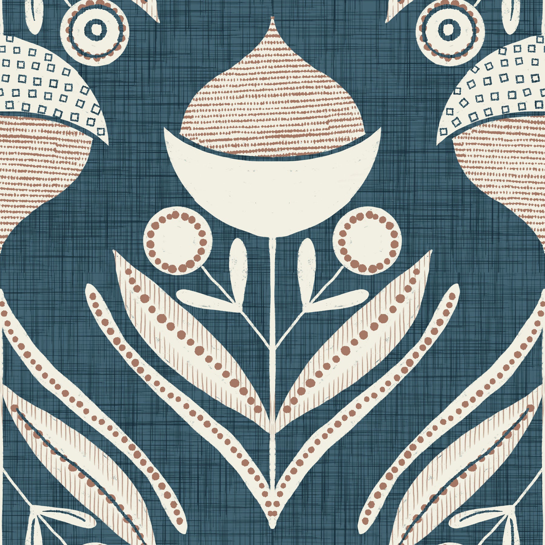Decorative pattern with stylized acorns on a medium blue textured background.