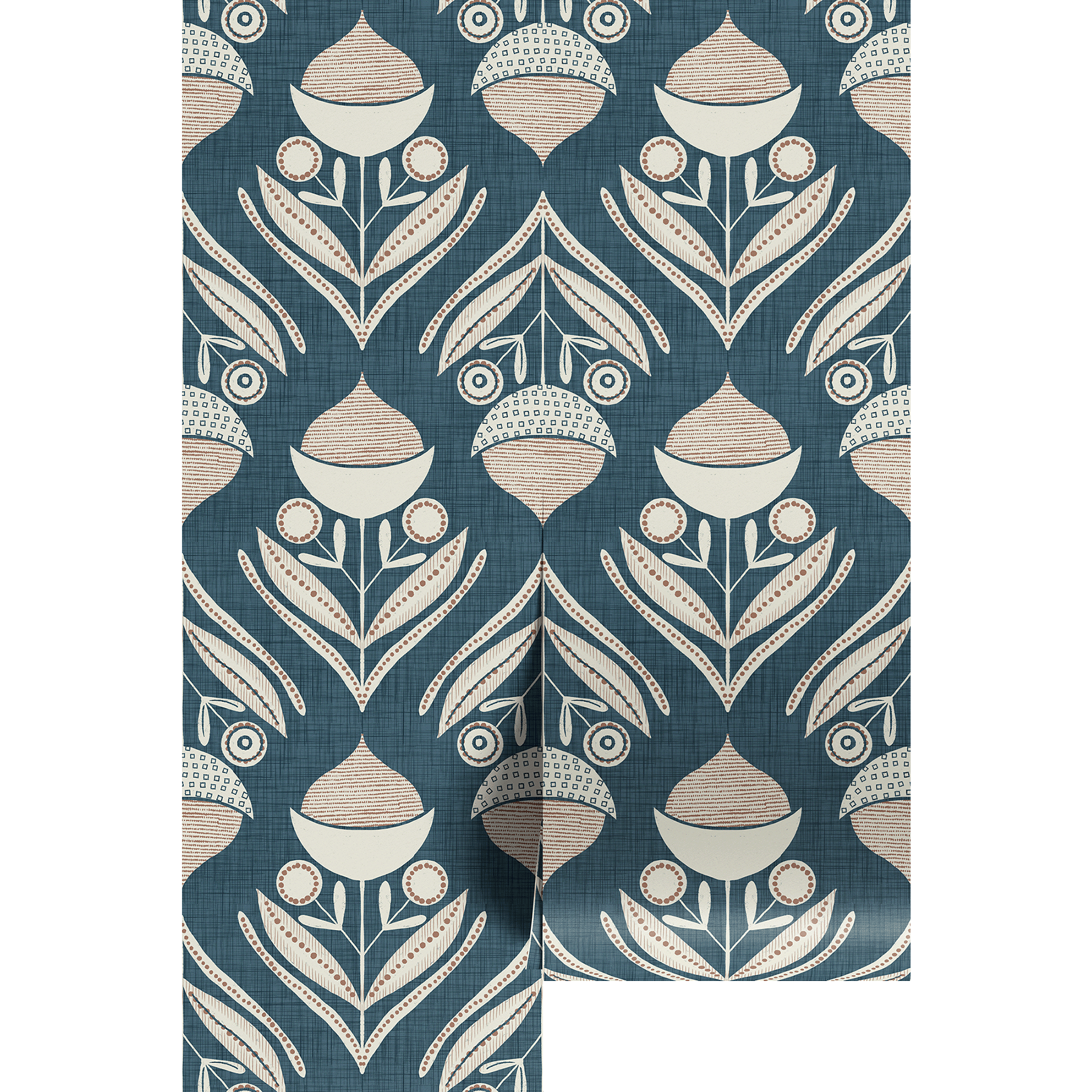 Wallpaper with acorn and leaf pattern on a textured teal blue background.