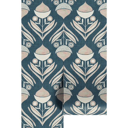 Wallpaper with acorn and leaf pattern on a textured teal blue background.