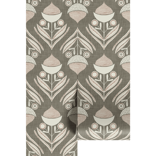Taupe and white textured pattern of acorns and leaves shown on wallpaper panels.