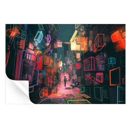 Dynamic vibrant city traveler painting featuring silhouettes amidst colorful skyscrapers and bustling street life.