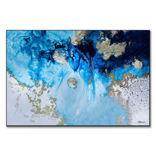 A vibrant aquatic-inspired artwork with blue and gold tones, mimicking ocean waves.