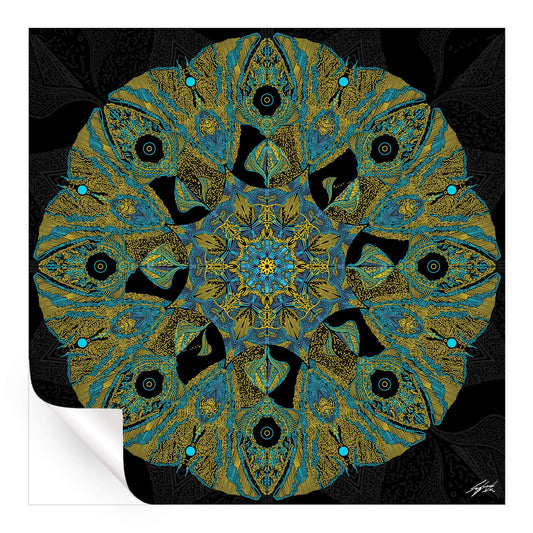 Intricate pattern with gold and turquoise lines radiating from a detailed center against a black background.