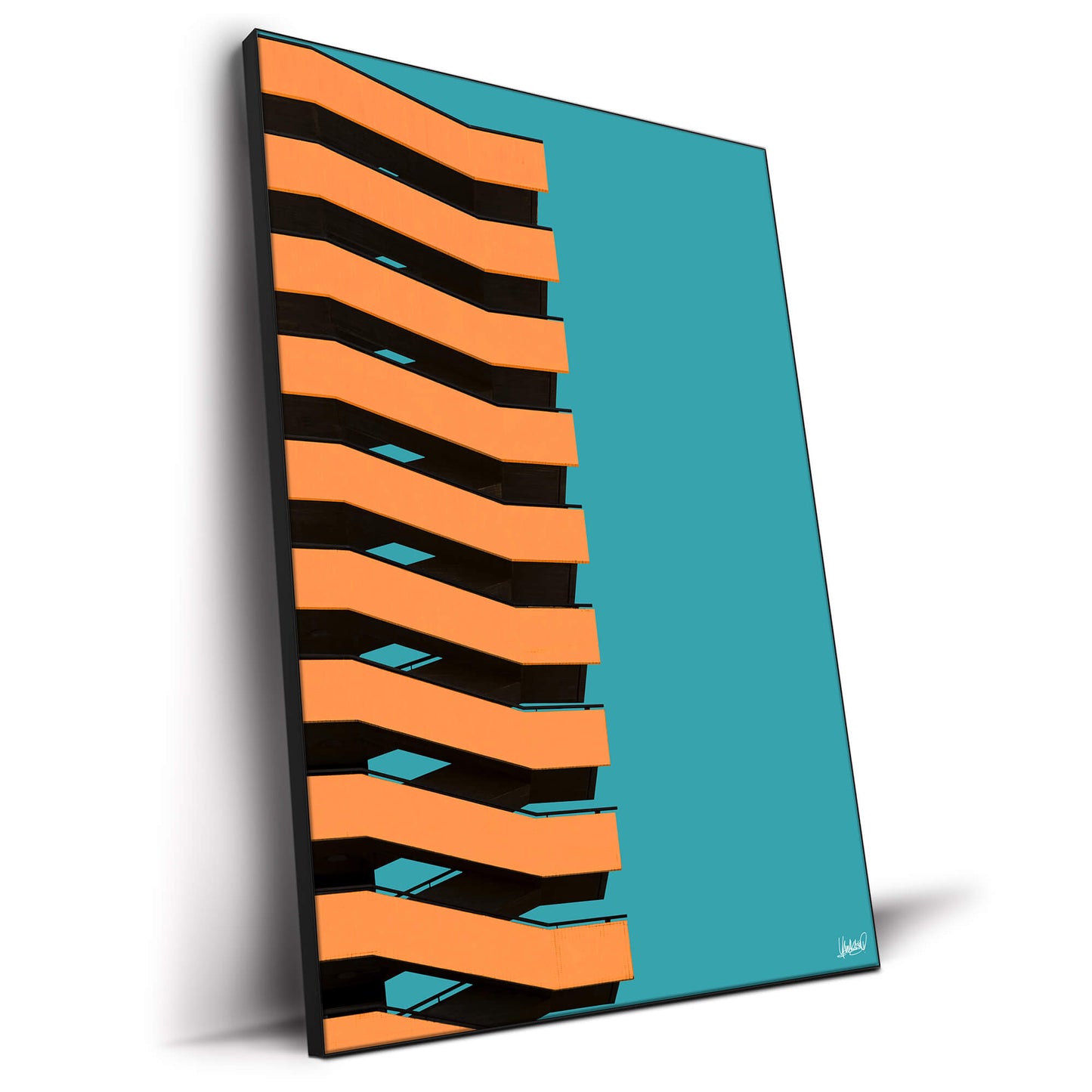 Vibrant building with bold orange and black zigzag bands against a teal background.