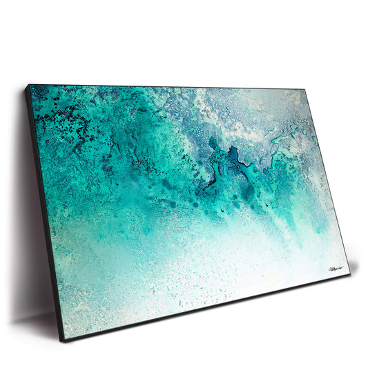 Abstract ocean artwork in vibrant turquoise and teal, textured to evoke the movement of the sea with hints of foam.