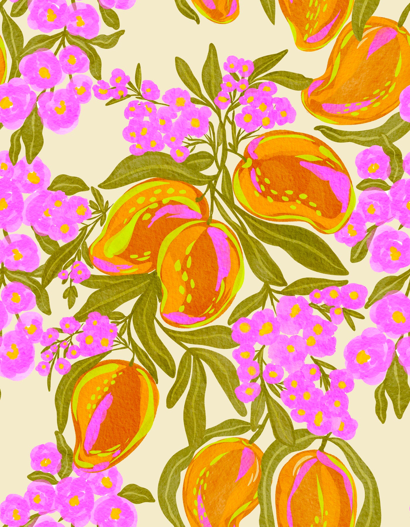 Pattern of fruit and pink flowers on a beige background.