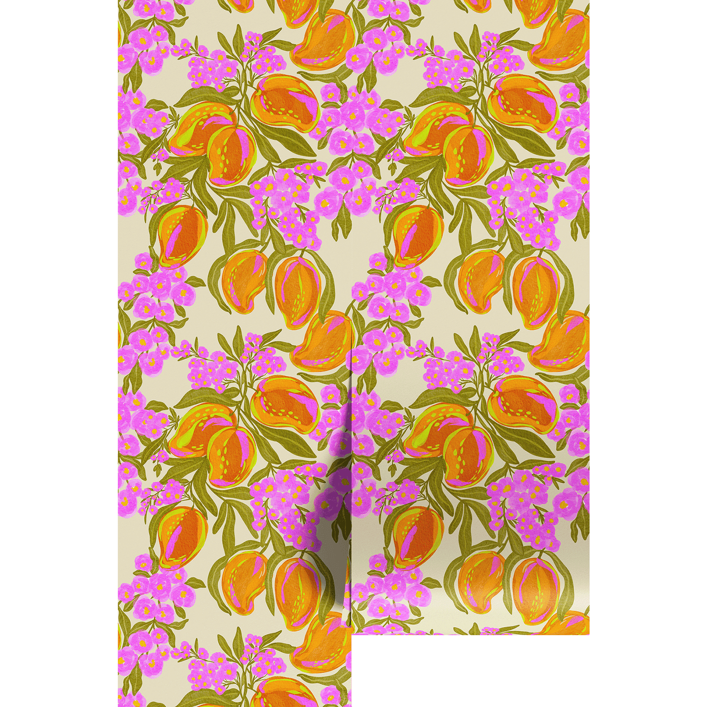 Vibrant pattern of fruit and fuchsia flowers on a beige background.