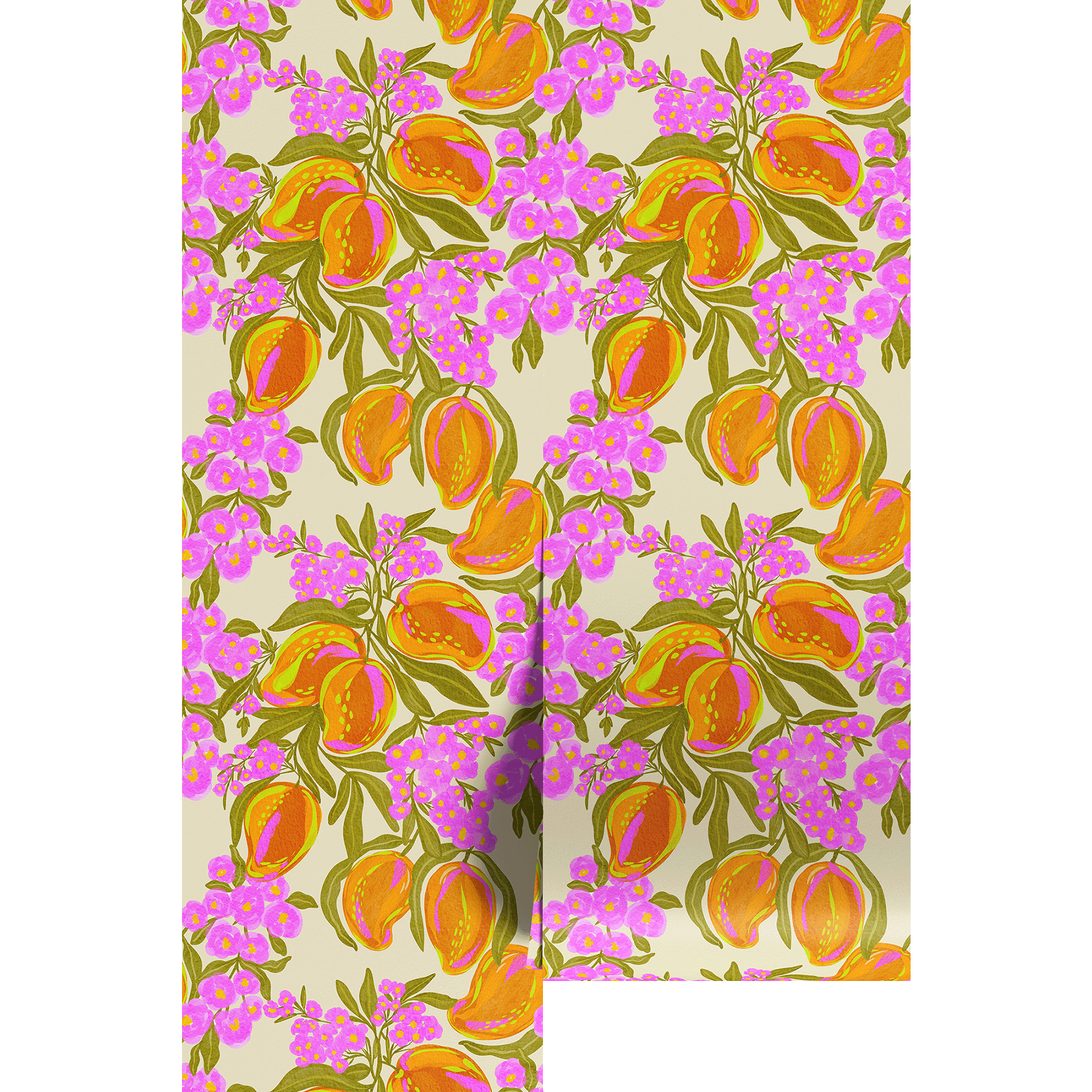 Vibrant pattern of fruit and fuchsia flowers on a beige background.