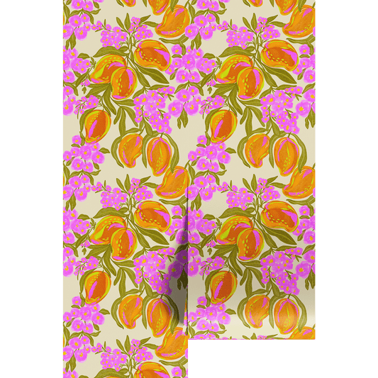 Vibrant pattern of fruit and fuchsia flowers on a beige background.