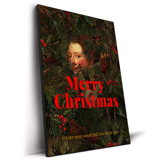 Vintage face subtly appearing through a Christmas tree with festive text and greenery.