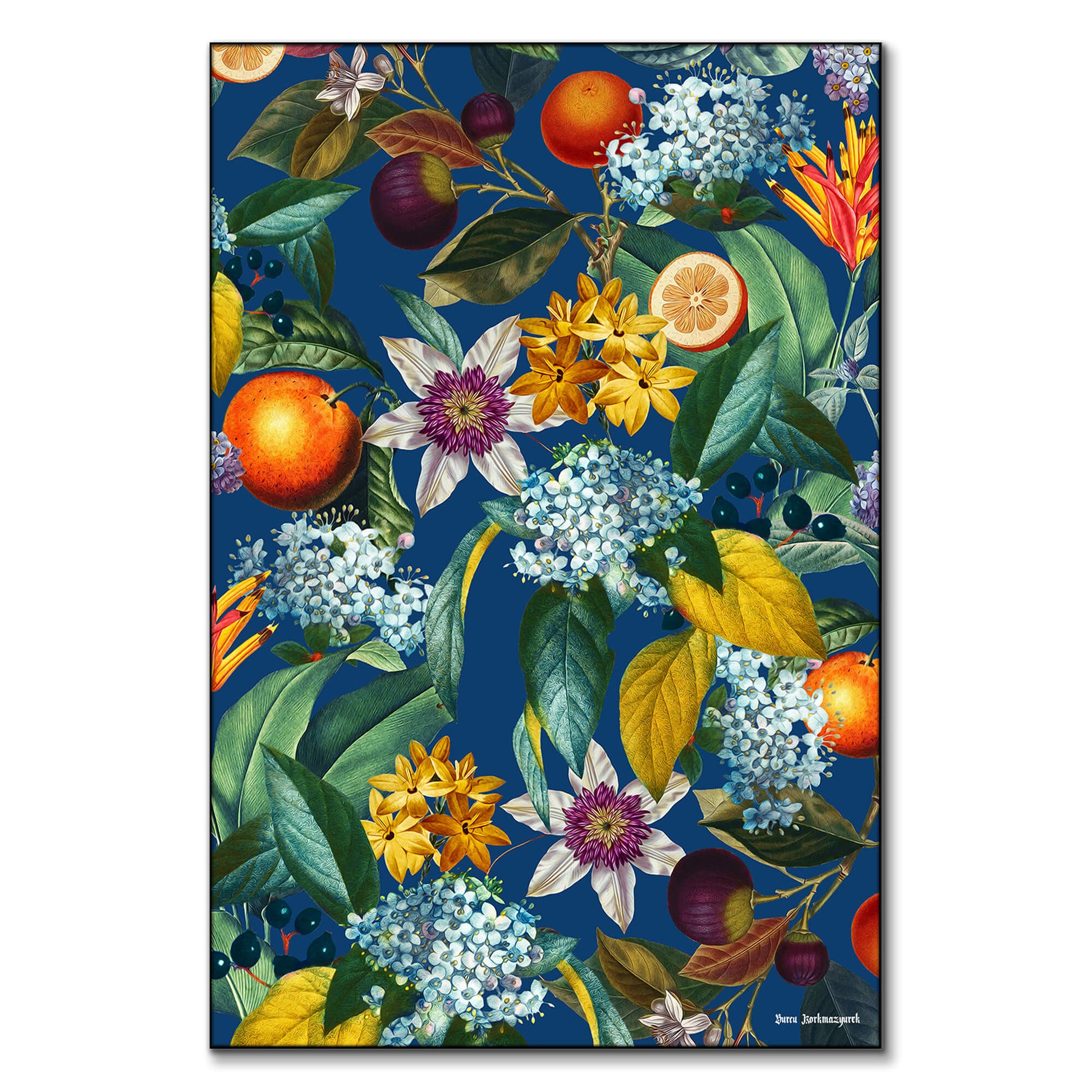 Vibrant botanical artwork featuring tropical flowers, lush green leaves, and ripe citrus fruits against a deep blue background.