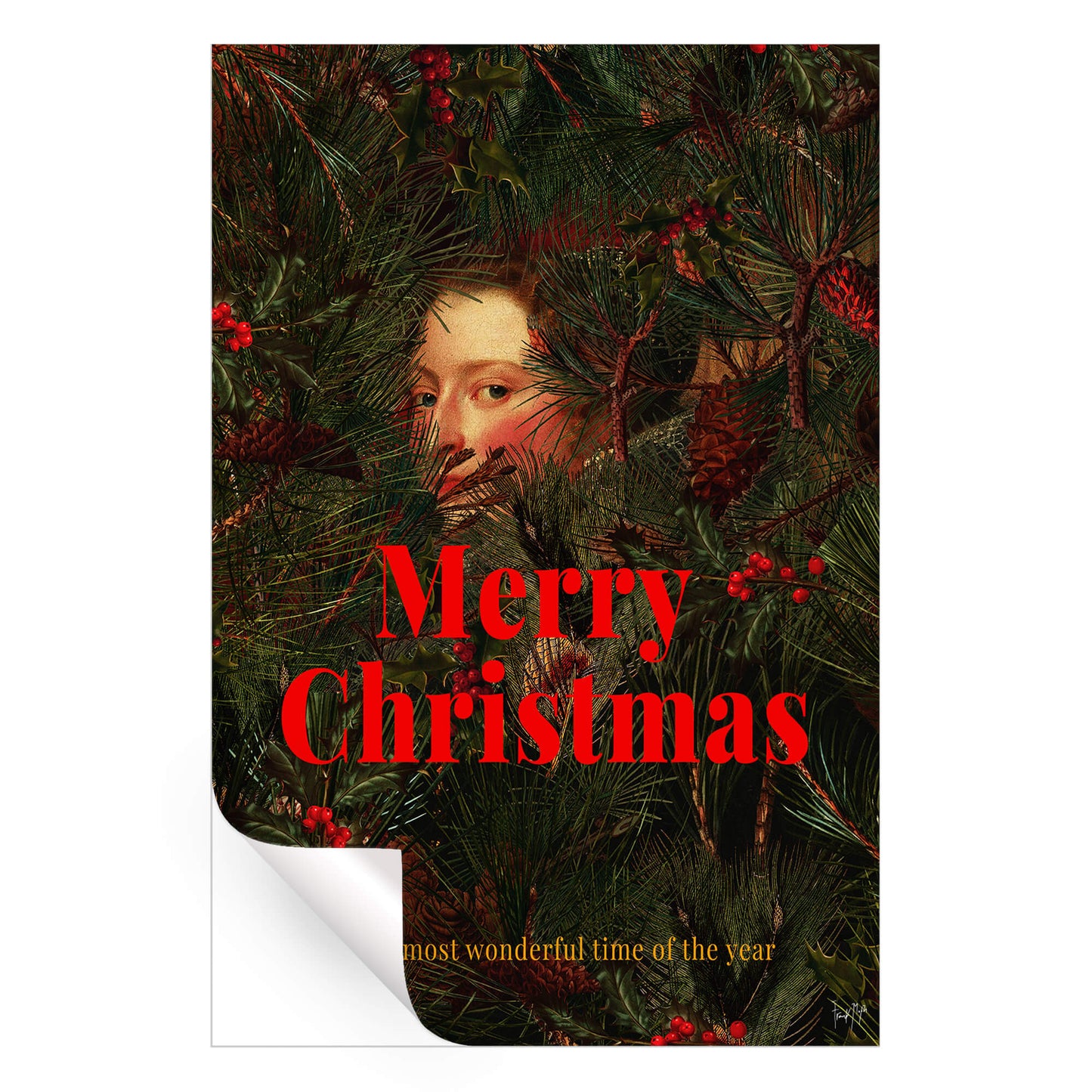 Vintage face subtly appearing through a Christmas tree with festive text and greenery.