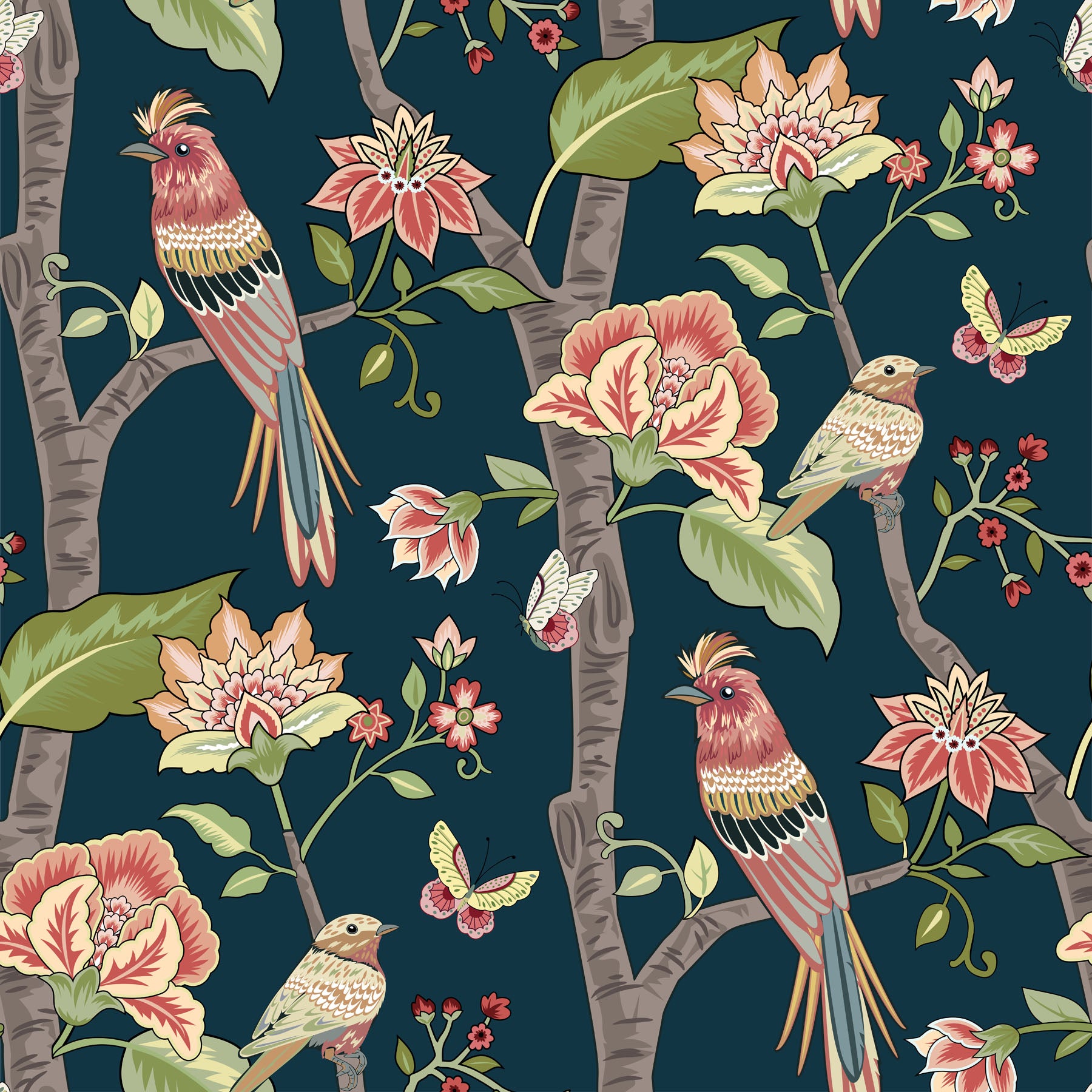 Pattern of birds and flowers on a dark blue background