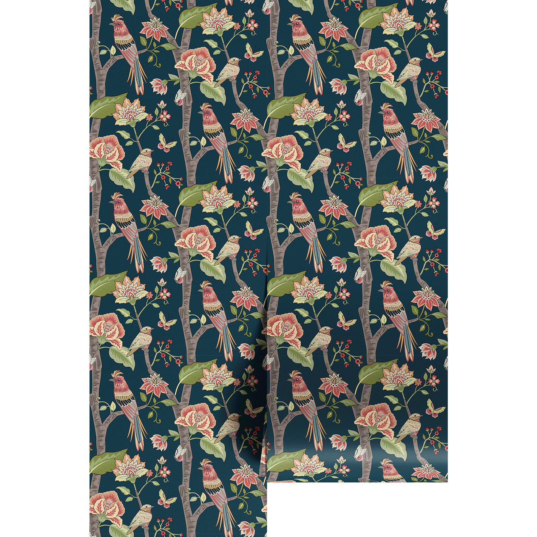 Floral and bird pattern on a dark blue background