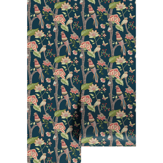 Floral and bird pattern on a dark blue background