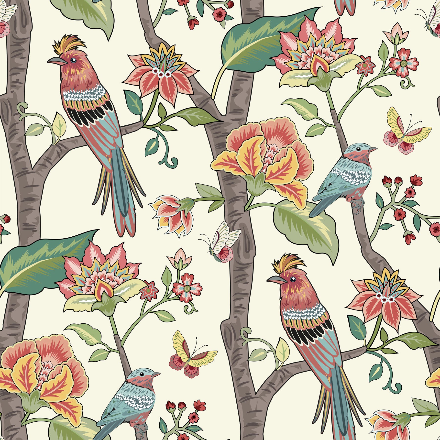 Colorful pattern of birds and flowers on a beige background